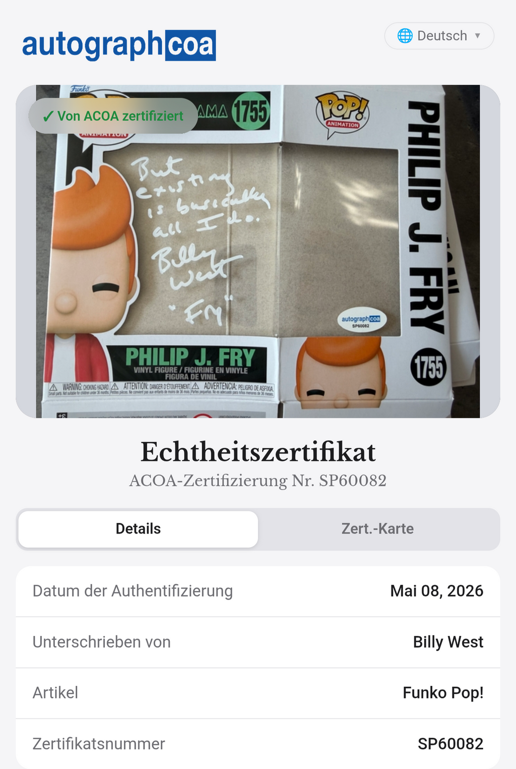 Philip J. Fry #1755 | Signed by Billy West